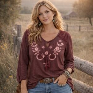 Clover + Scout Knit Top Womens Medium Dark Red Lattice Boho Western Shirt Blouse